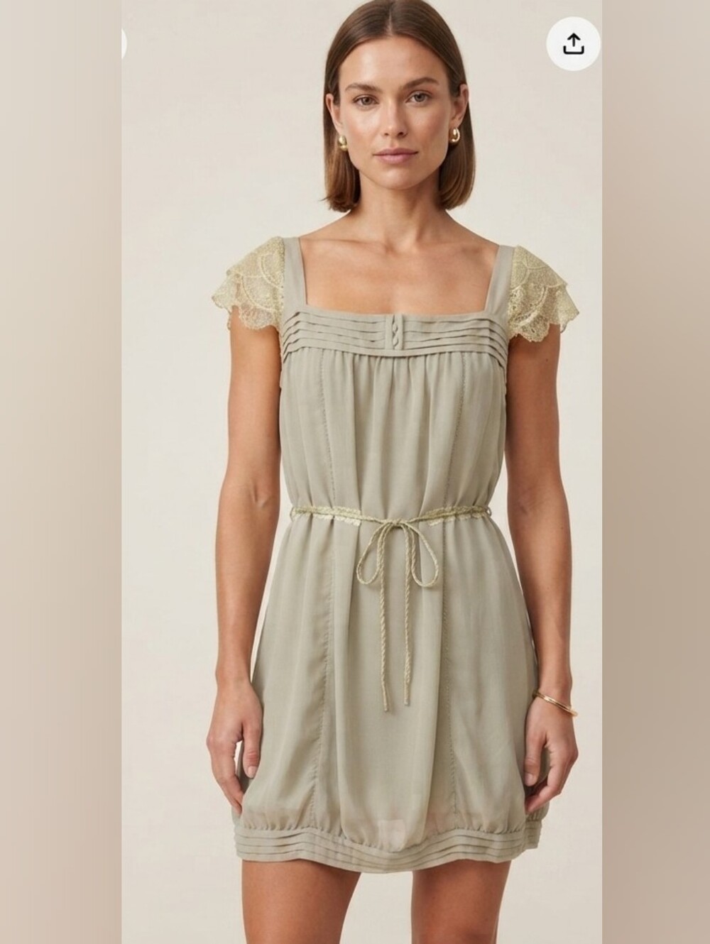 Supertrash Dalara Sage Green Chiffon Dress Lace Cap Sleeves - Medium EUC